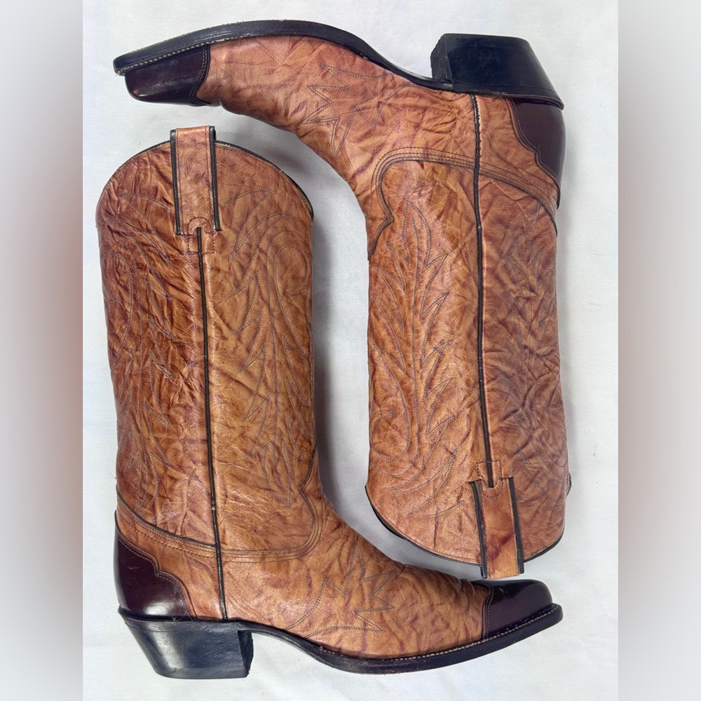 Vtg Texas Imperial Golden Buckboard Cowboy Boots M81 Handmade Distressed Leather